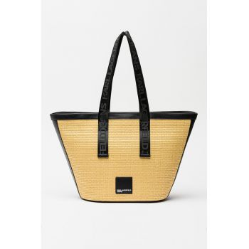 Geanta shopper din rafie cu logo Box - Negru/Bej