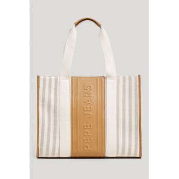 Geanta tote cu model in dungi si logo din piele ecologica - Negru/Bej deschis