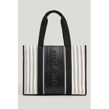 Geanta tote cu model in dungi si logo din piele ecologica - Negru/Galben pai