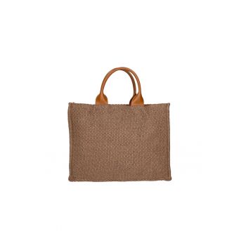 Geanta tote de paie cu bareta si maner de piele 25271 - Caramel