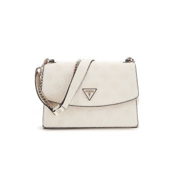 Geanta crossbody cu clapa si model in relief - Crem