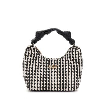 Geanta de mana cu aspect impletit si model in doua nuante - Negru/Alb murdar