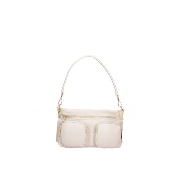 Geanta de piele cu bareta de umar si buzunare multiple - Bej