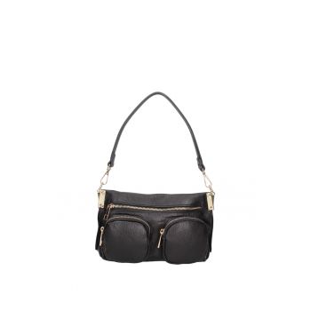 Geanta de piele cu bareta de umar si buzunare multiple - Negru