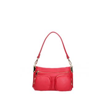 Geanta de piele cu bareta de umar si buzunare multiple - Rosu