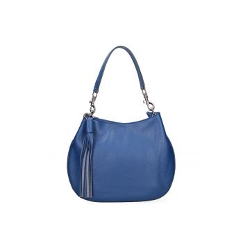 Geanta de piele cu bareta de umar si canaf - Albastru deschis