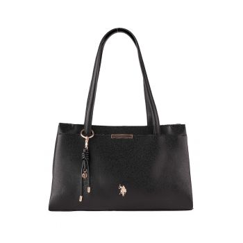 Geanta de piele ecologica cu accesoriu logo - Negru