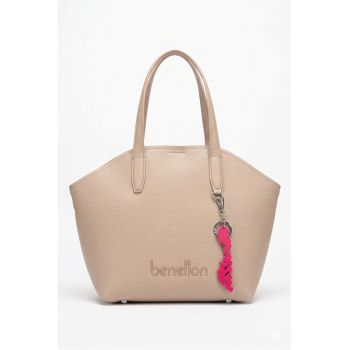 Geanta de piele ecologica cu bareta de umar cu accesoriu logo detasabil - Bej inchis