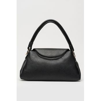 Geanta de piele ecologica cu bareta de umar si aspect granulat - Negru