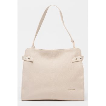 Geanta de piele ecologica cu bareta de umar si logo - Bej deschis