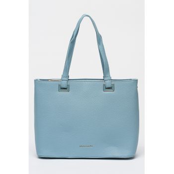 Geanta de piele ecologica cu bareta de umar si logo metalic discret - Albastru azur