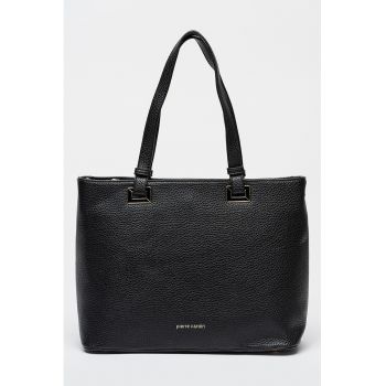 Geanta de piele ecologica cu bareta de umar si logo metalic discret - Negru