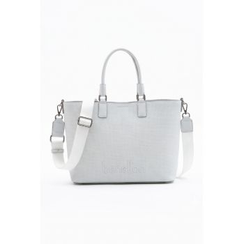 Geanta de piele ecologica cu maner si aplicatie logo - Alb murdar