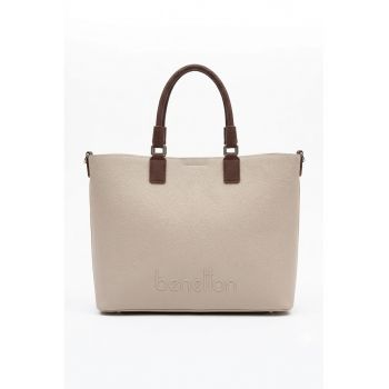 Geanta de piele ecologica cu maner si aplicatie logo - Bej