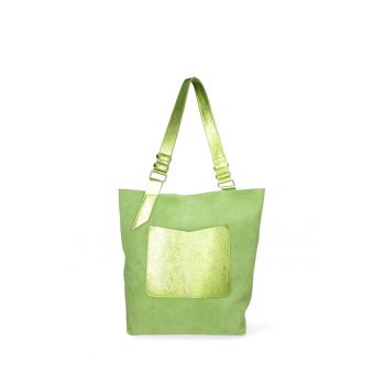 Geanta de piele intoarsa cu bareta de umar si apsect metalizat - Verde