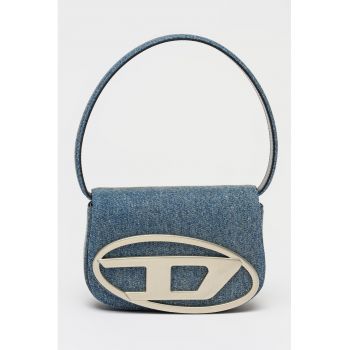 Geanta din denim cu maner si logo - Albastru prafuit