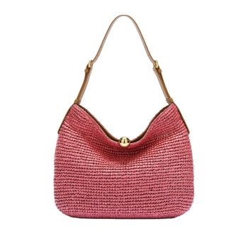 Geanta din paie cu bareta de umar si insertii din piele Tabru - Roz