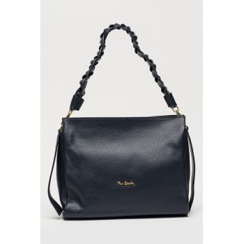 Geanta din piele cu bareta de umar detasabila si ajustabila - Albastru ultramarin
