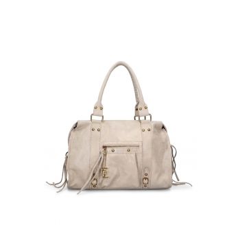 Geanta din piele cu bareta de umar si aplicatii cu franjuri Evanthe Chic - Bej