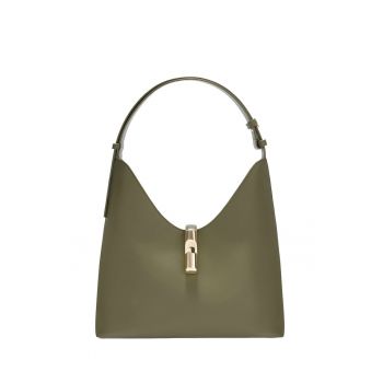 Geanta din piele cu bareta de umar si model uni Lumina Chic - Kaki