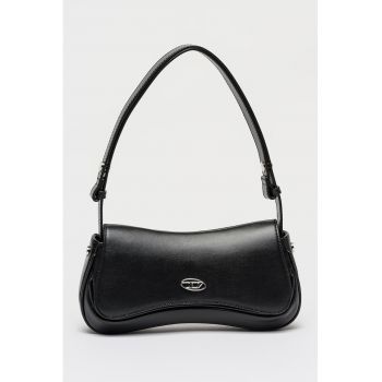 Geanta din piele cu bareta de umar si model uni - Negru