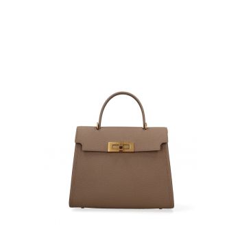 Geanta din piele cu maner si bareta ajustabila - Maro taupe