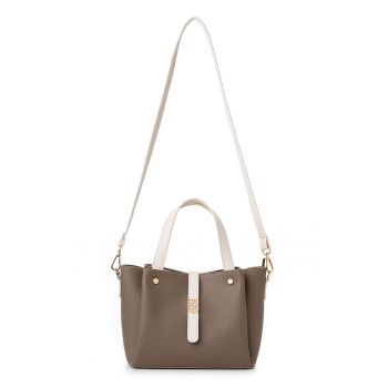 Geanta din piele ecologica cu bareta de umar detasabila - Maro inchis/Crem - 19x25x11