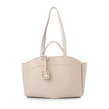 Geanta din piele ecologica cu bareta de umar si accesoriu cu model monograma - Crem