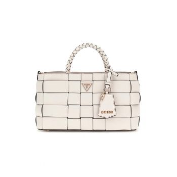 Geanta din piele ecologica cu bareta de umar si accesoriu logo - Alb murdar