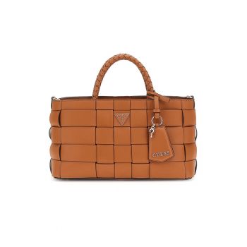 Geanta din piele ecologica cu bareta de umar si accesoriu logo - Maro scortisoara