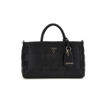 Geanta din piele ecologica cu bareta de umar si accesoriu logo - Negru