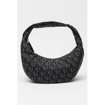 Geanta in forma de semiluna cu bareta de umar si monograma - Negru/Gri