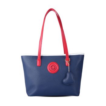 Geanta shopper de piele ecologica cu fermoar - Rosu/Alb/Bleumarin