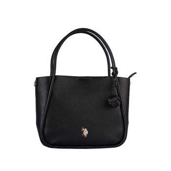 Geanta shopper de piele ecologica cu logo metalic - Negru