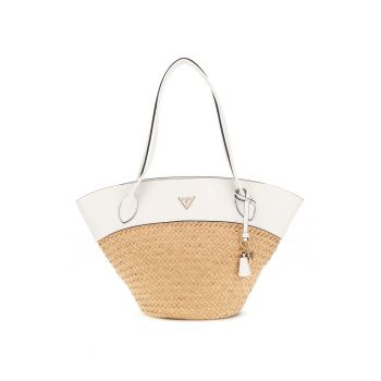 Geanta tote cu segmente de rafie - Alb/Maro deschis