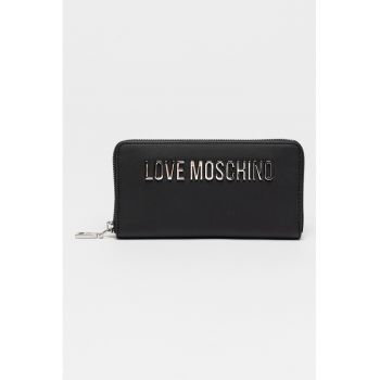 Portofel din piele ecologica cu logo metalic si fermoar - Negru - 10x19x2