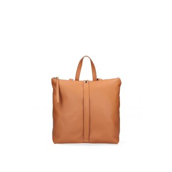 Rucsac de piele cu buzunar cu fermoar - Maro cognac