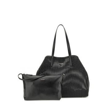 Set de geanta shoppe si etui cu aspect tesut Brigitta - Negru