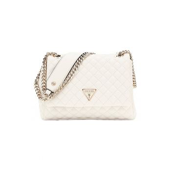 Geanta crossbody cu bareta din lant - clapa si aspect matlasat - Alb murdar