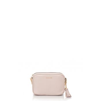 Geanta crossbody de piele  cu aplicatie logo - Roz pal