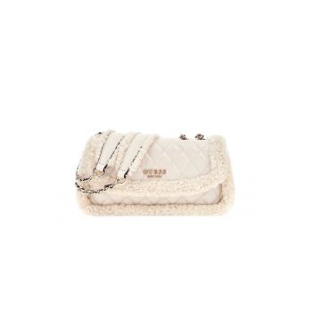 Geanta crossbody matlasata cu garnituri din blana sintetica - Crem