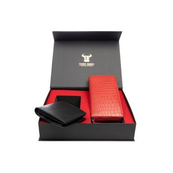 Set portofel dama si portofel barbati - piele naturala - rosu - Gia-Muselles