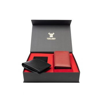 Set portofel dama si portofel barbati - piele naturala - Rosu/Negru - 11.5x9x2cm
