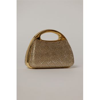 Clutch auriu cu pietre stralucitoare si maner metalic