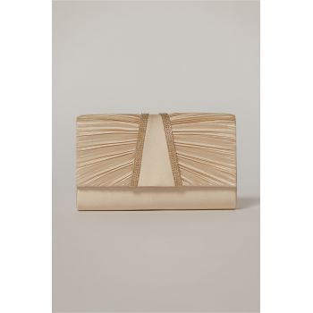 Clutch bej satinat decorat cu benzi stralucitoare