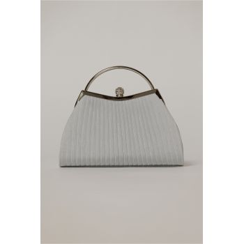 Clutch elegant din lurex alb cu maner metalic rotund