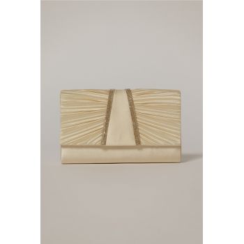 Clutch galben pal satinat decorat cu benzi stralucitoare