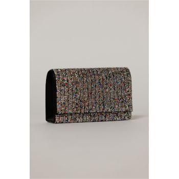 Clutch multicolor dreptunghiular acoperit cu pietre stralucitoare