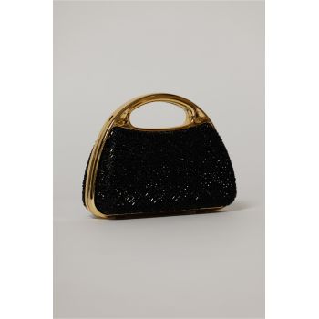 Clutch negru cu pietre stralucitoare si maner auriu