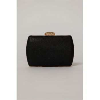 Clutch negru din material textil stralucitor